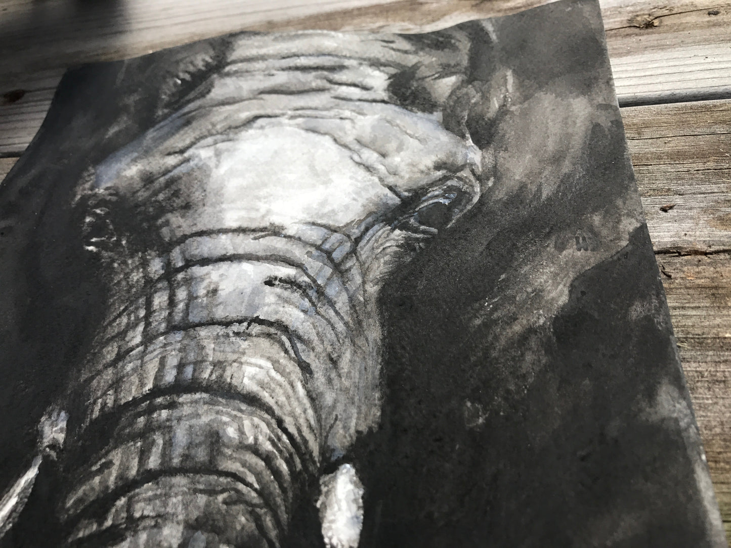 "Out of the Darkness" Elephant, Mixed Media Art Print